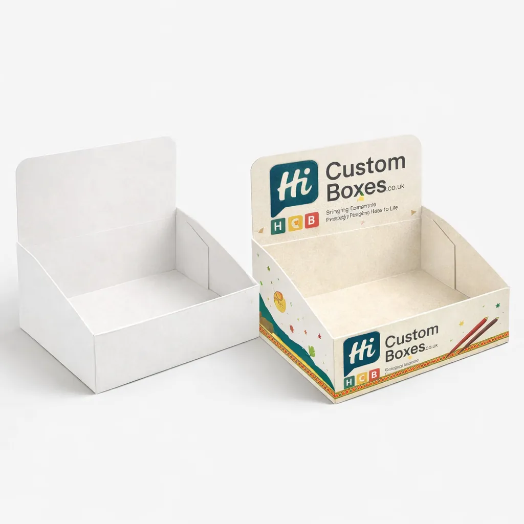 Two cardboard counter display boxes, one plain white and one branded for retail taco shells. class=